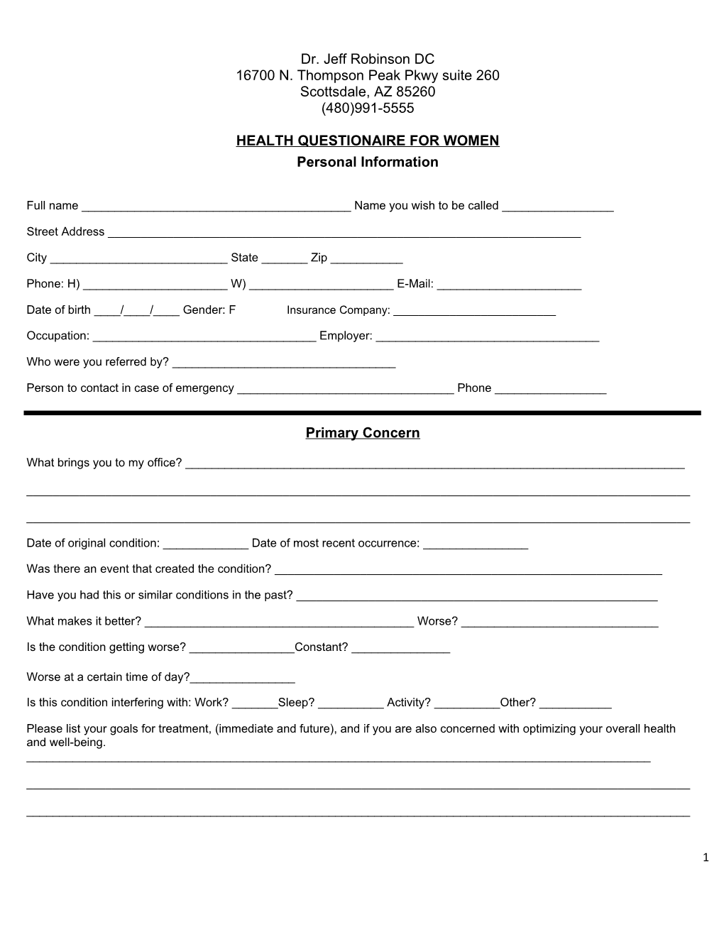 Health Questionaire for Women