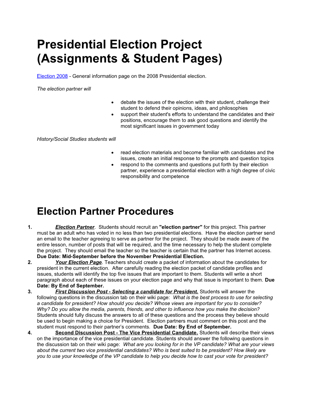 Presidential Election Project (Assignments Student Pages)