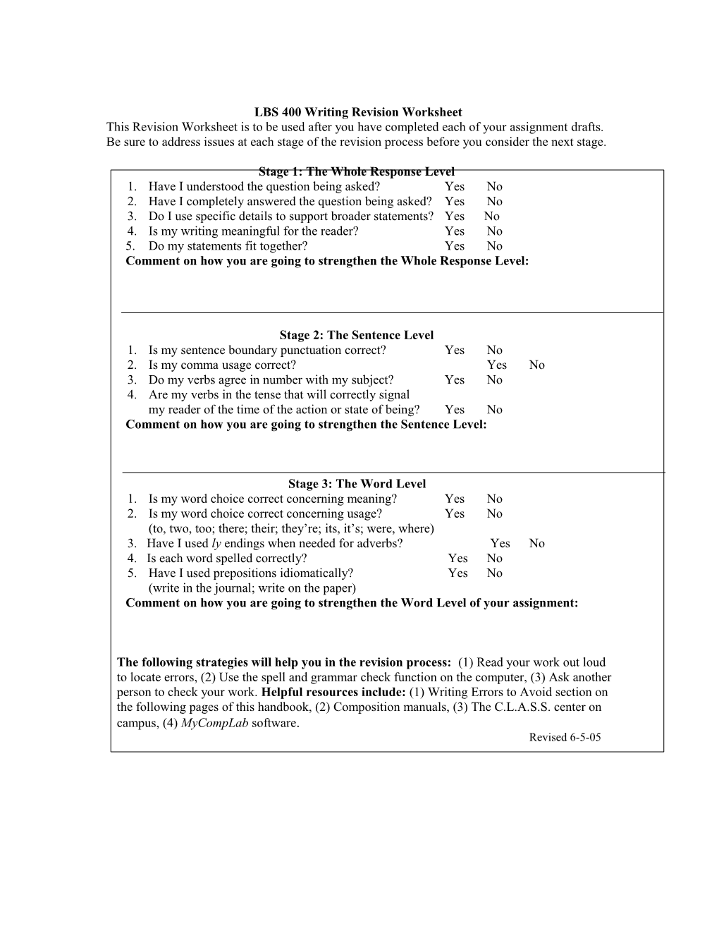 LBS 400 Writing Revision Worksheet