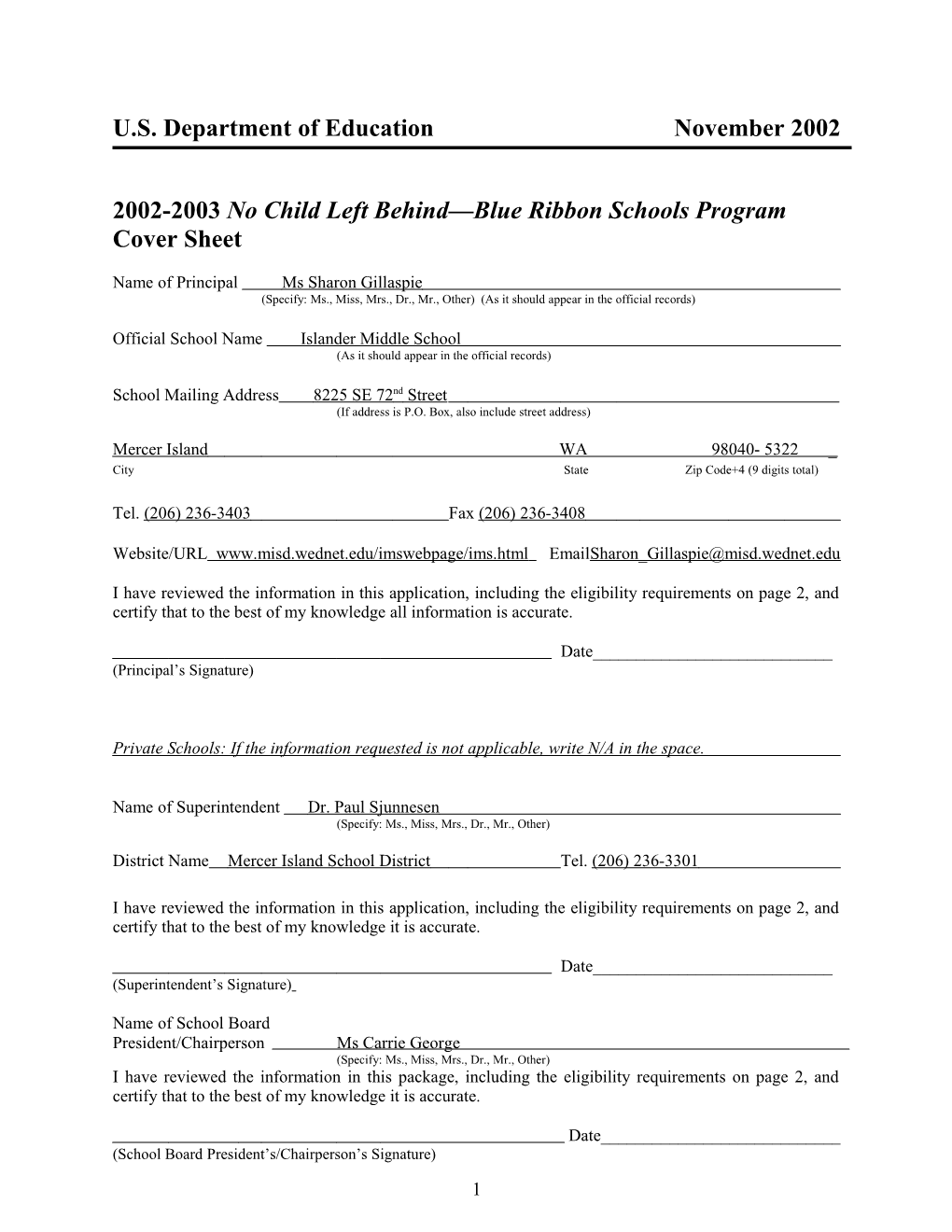 Islander Middle School 2003 No Child Left Behind-Blue Ribbon School (Msword)
