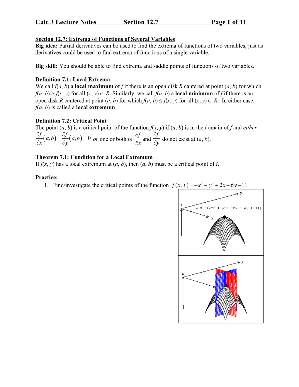 Calculus 3 Lecture Notes, Section 12.7