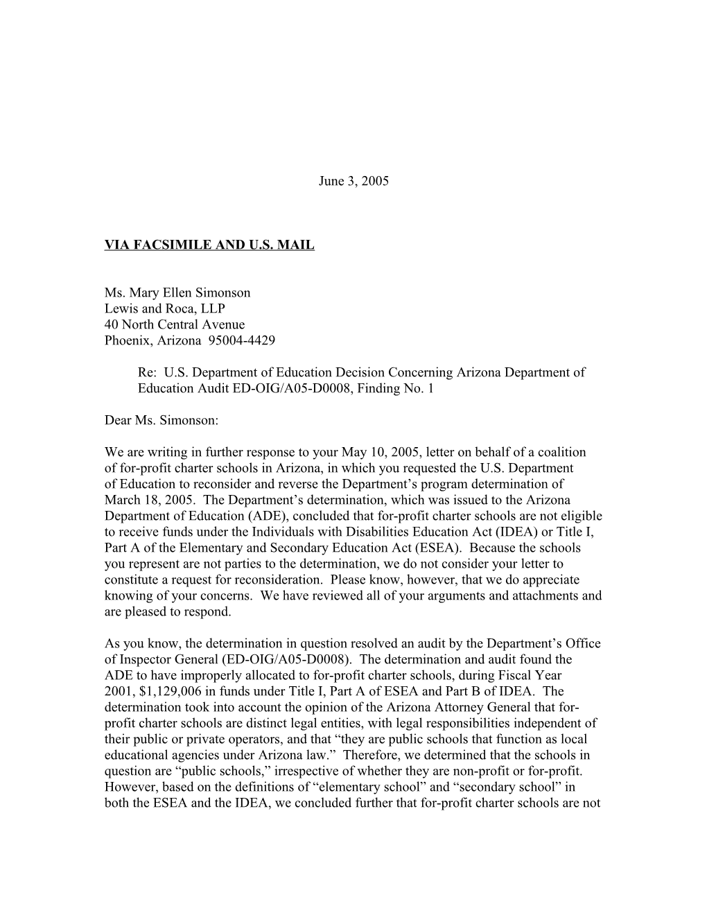 Letter Dated 7-3-05 to Simonson Re: Interpreting IDEA Or the Regulations That Implement