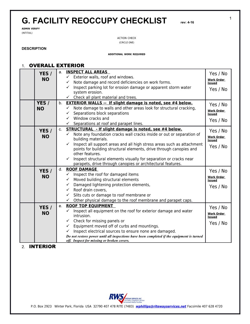 G. FACILITY REOCCUPY CHECKLIST Rev: 4-16