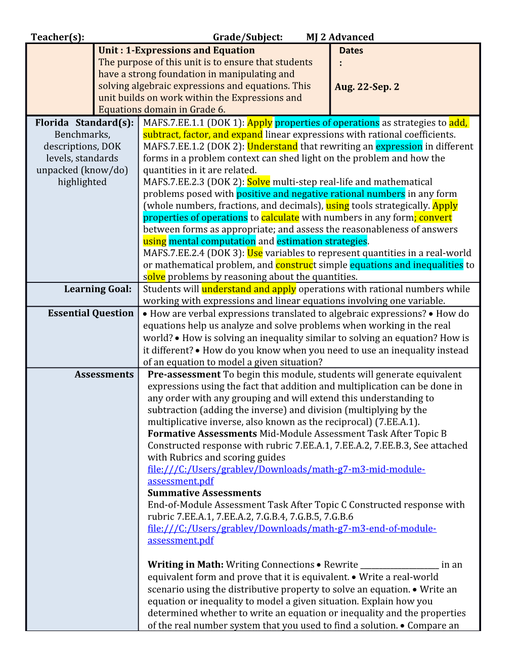 Teacher(S):Grade/Subject: MJ 2 Advanced