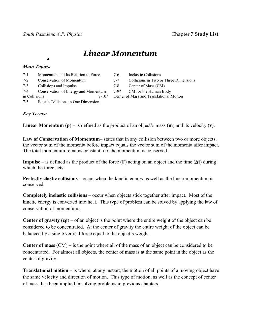 South Pasadena A.P. Physics Chapter 7Study List