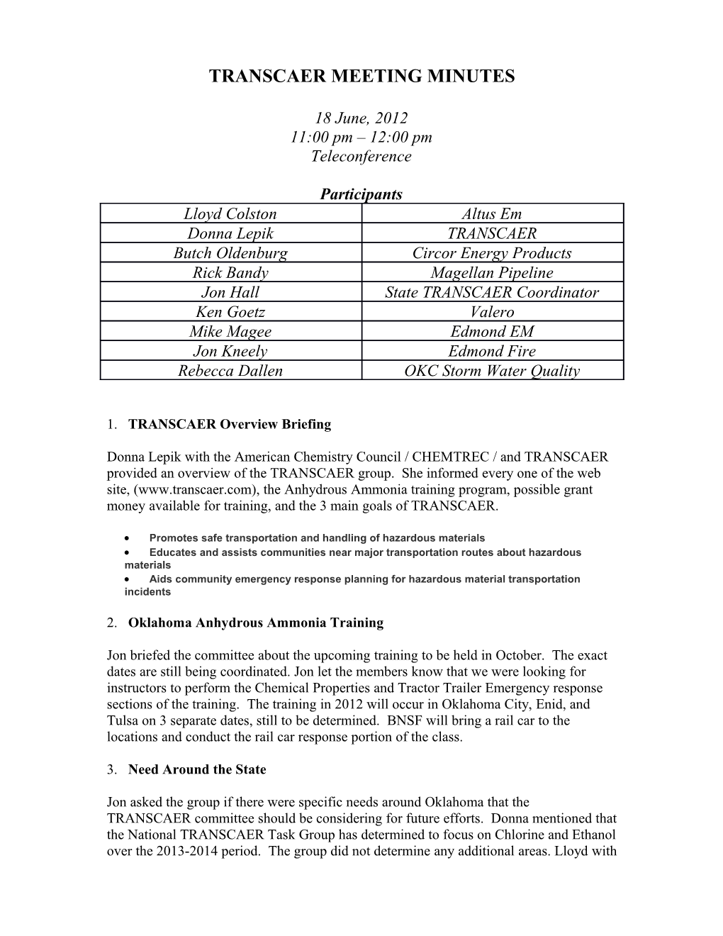 Transcaer Meeting Minutes