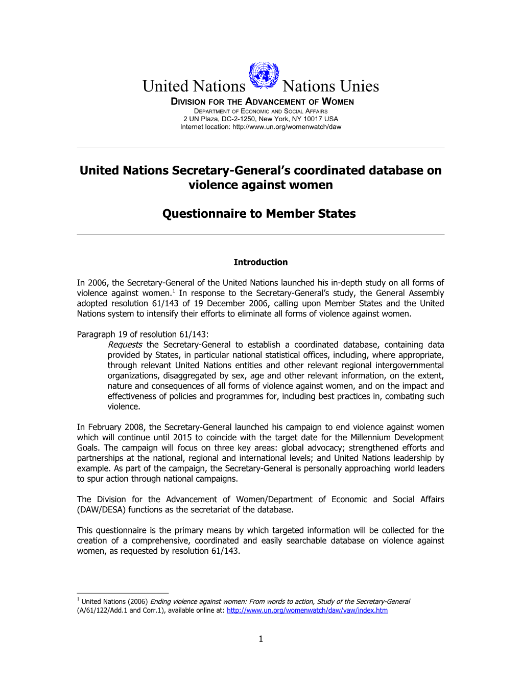 United Nations Secretary-General S Coordinated Database on Violence Against Women