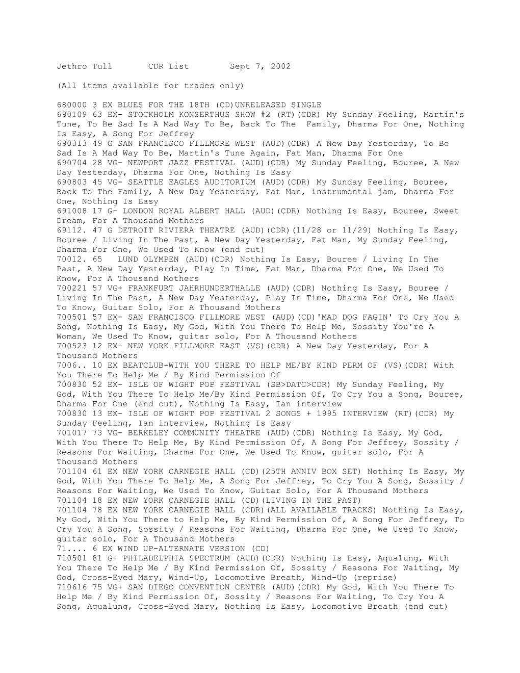 Jethro Tull CDR List Sept 7, 2002