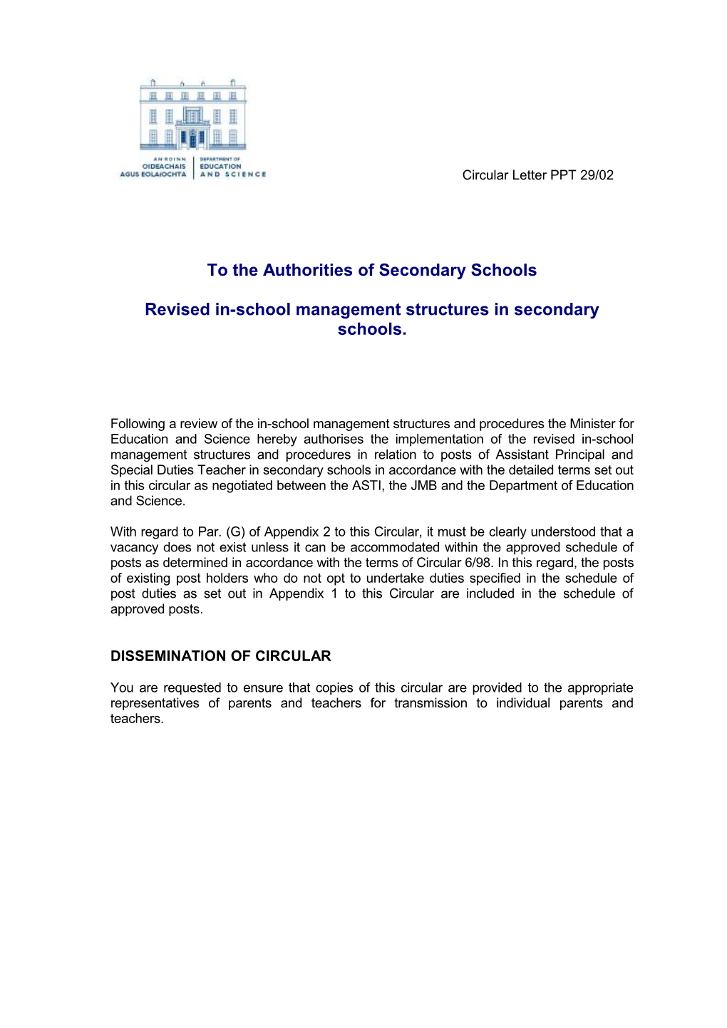 Post Primary Circular 29/02 - Revised In-School Management Structures in Secondary Schools