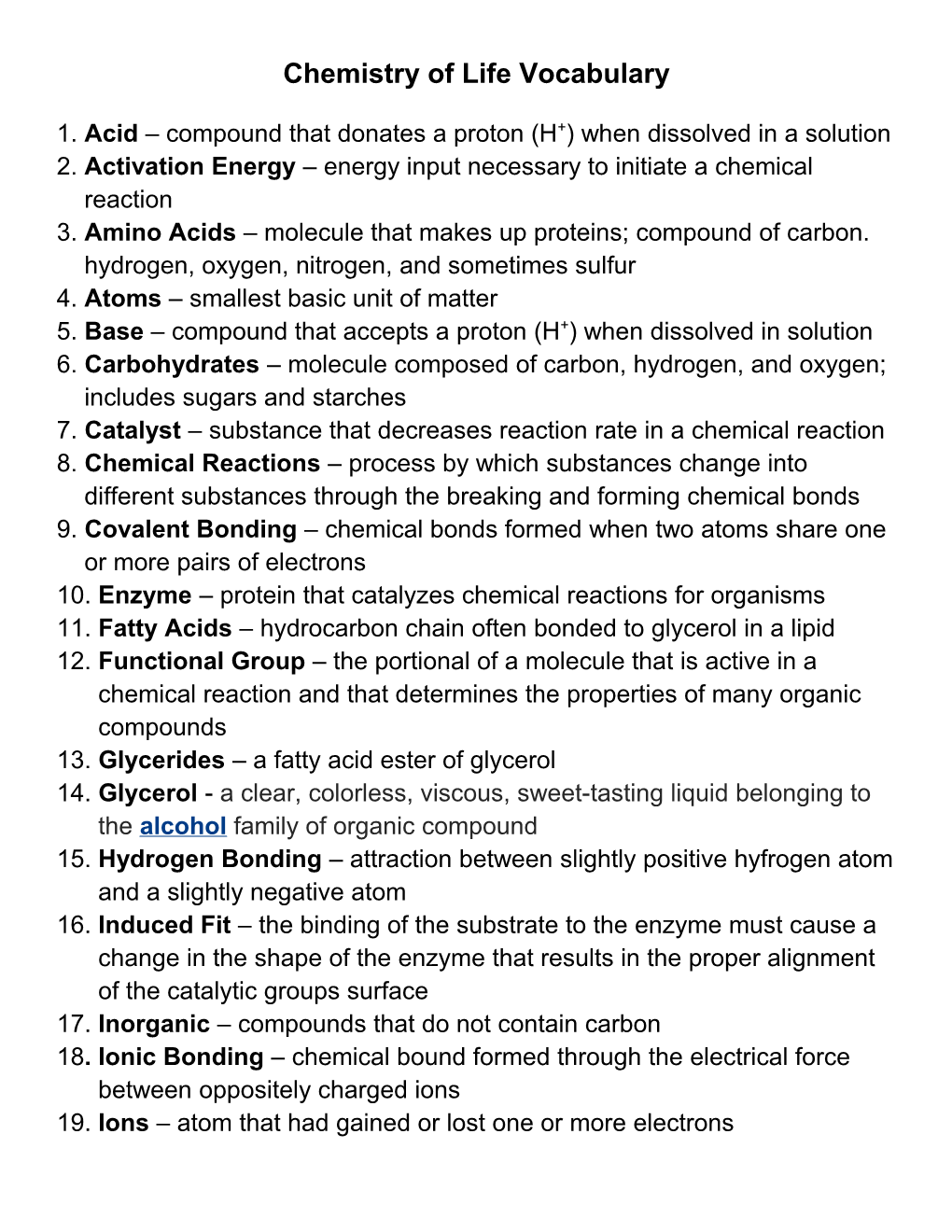 Chemistry of Life Vocabulary