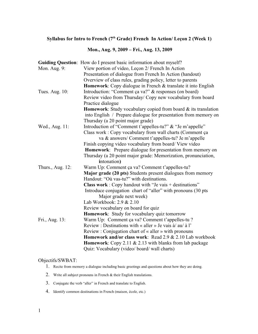 Syllabusfor Intro to French (7Th Grade) French in Action/ Leçon 2(Week 1)