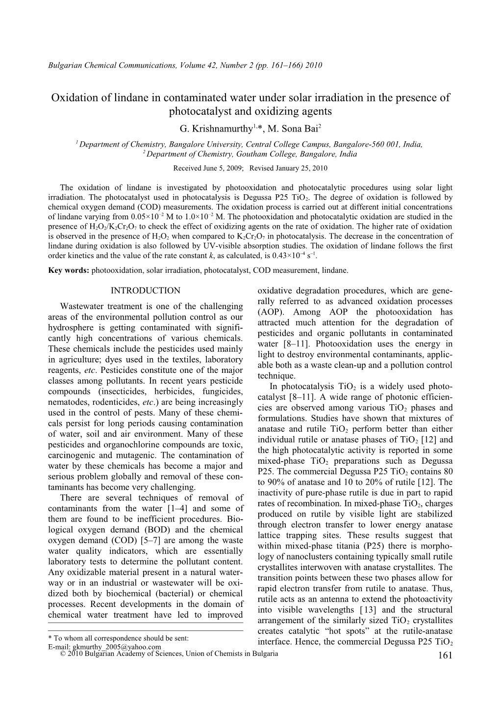 Oxidation of Lindane in Contaminated Water Under Solar Irradiation in the Presence Of