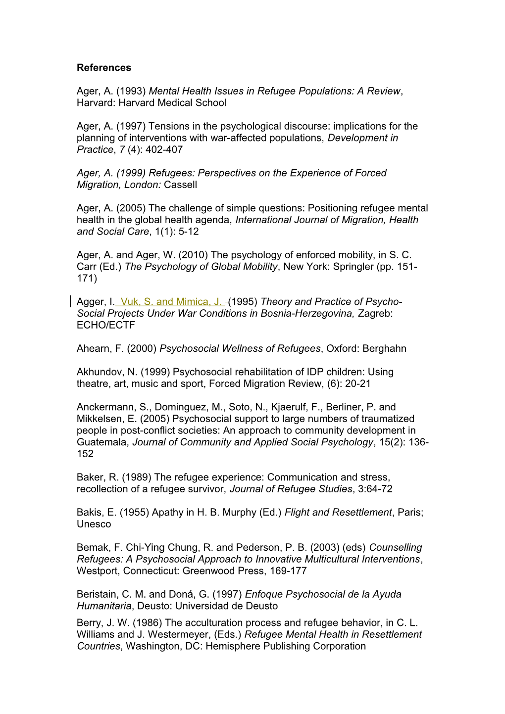 Ager, A. (1993) Mental Health Issues in Refugee Populations: a Review , Harvard: Harvard