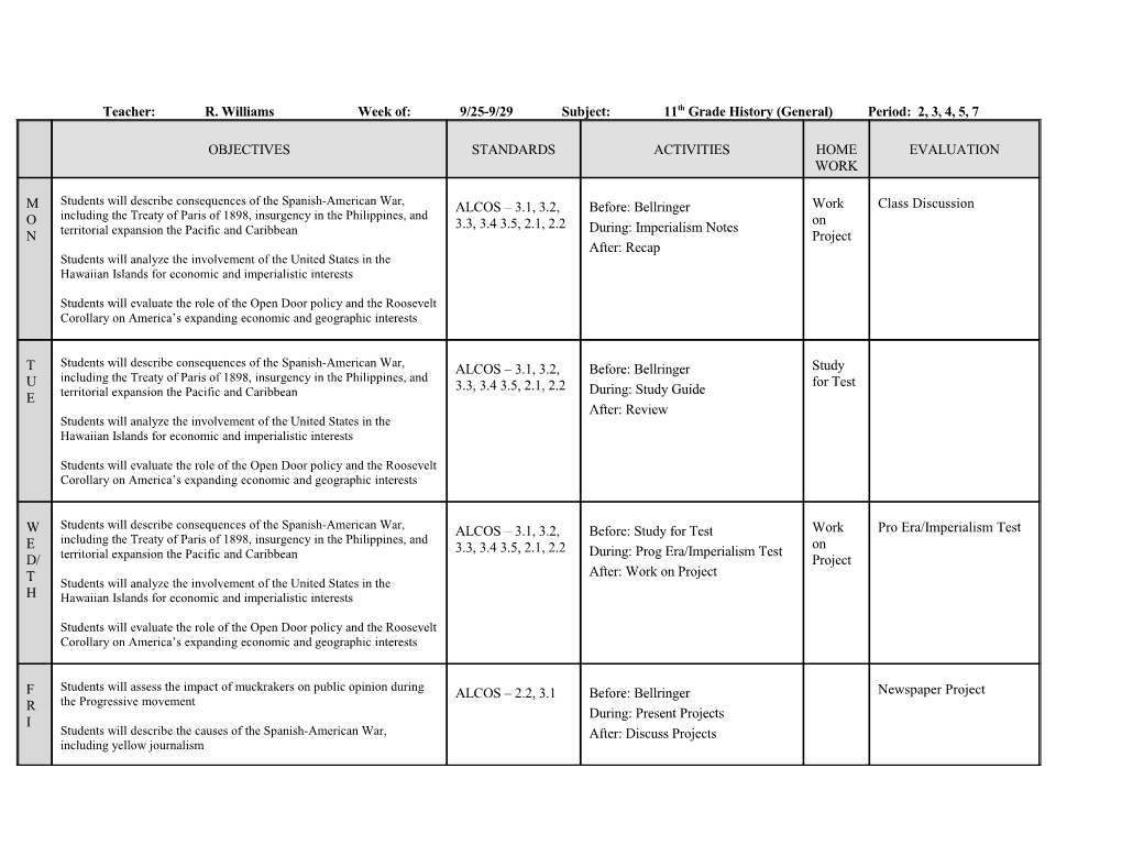 Teacher: R. Williamsweek Of: 9/25-9/29 Subject: 11Th Grade History (General)Period: 2