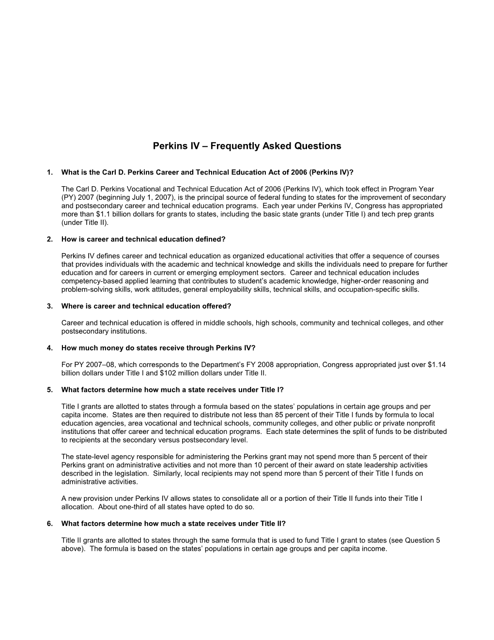 Perkins IV Accountability: Frequently Asked Questions (MS Word)