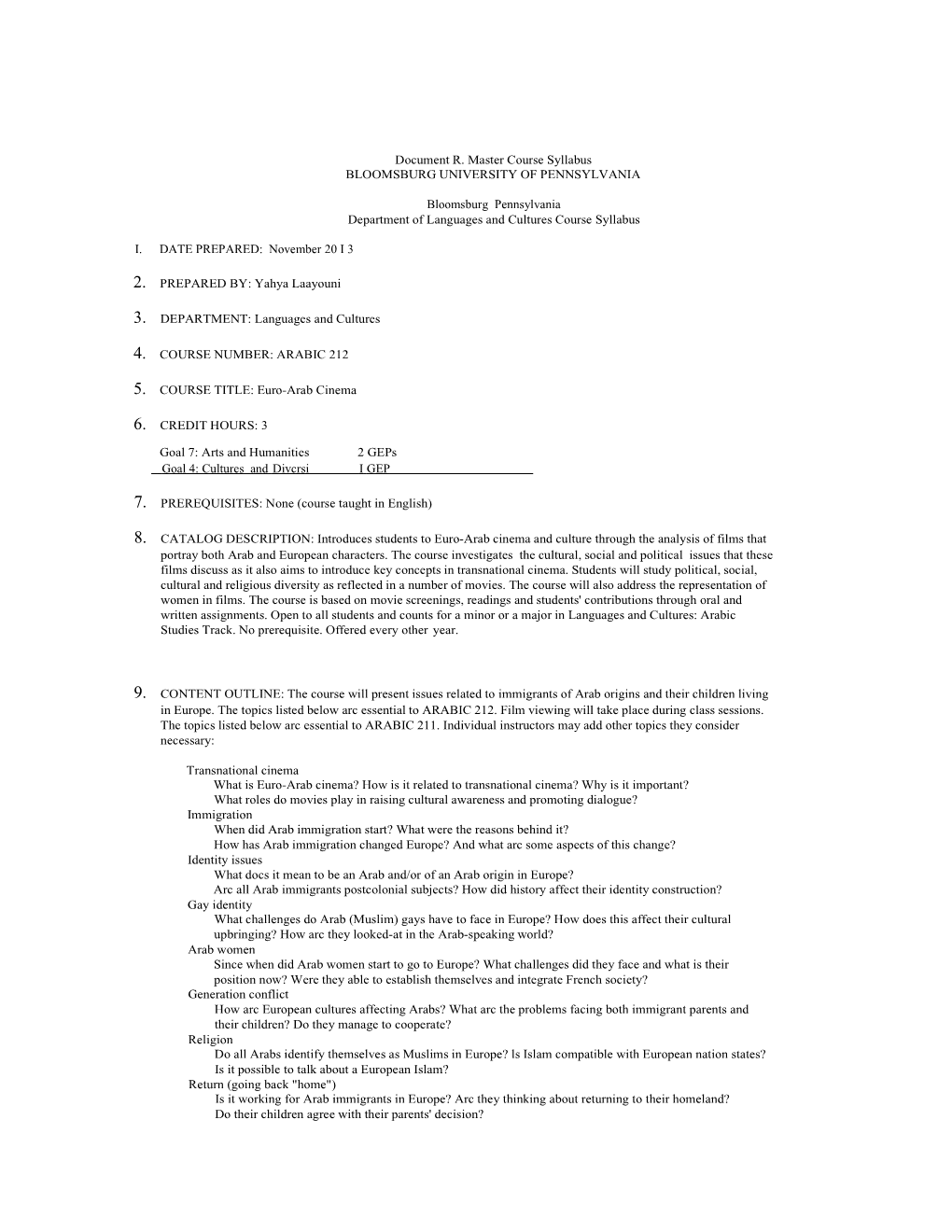 Document R. Master Course Syllabus BLOOMSBURG UNIVERSITY of PENNSYLVANIA
