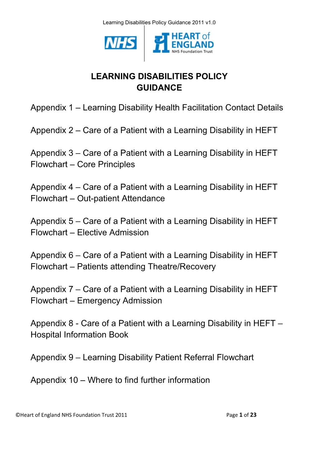Learning Disabilities Policy Guidance 2011 V1.0
