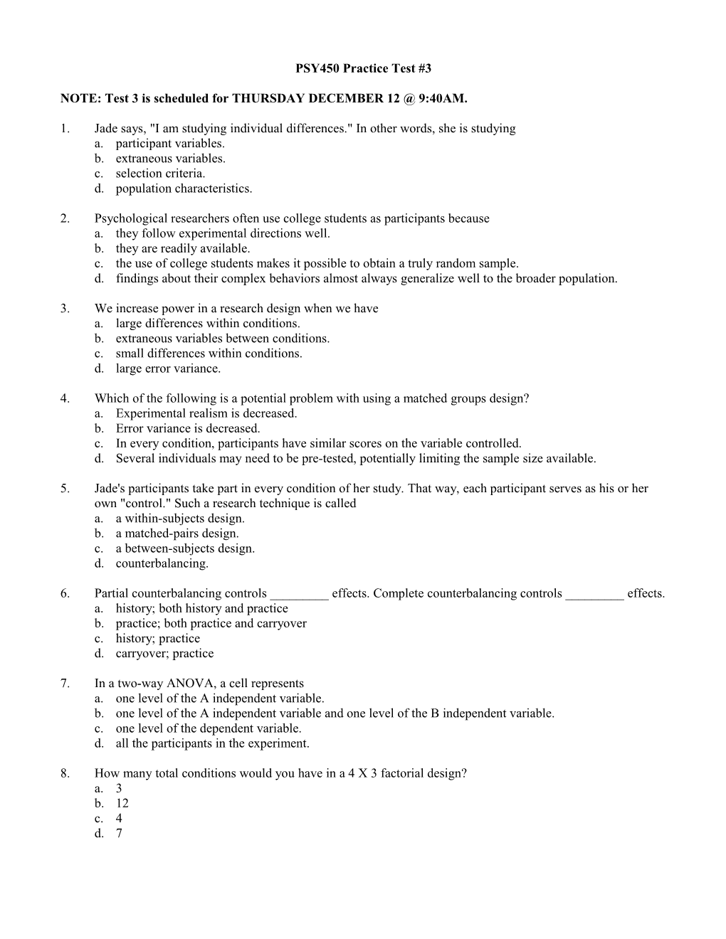 PSY450 Practice Test #3