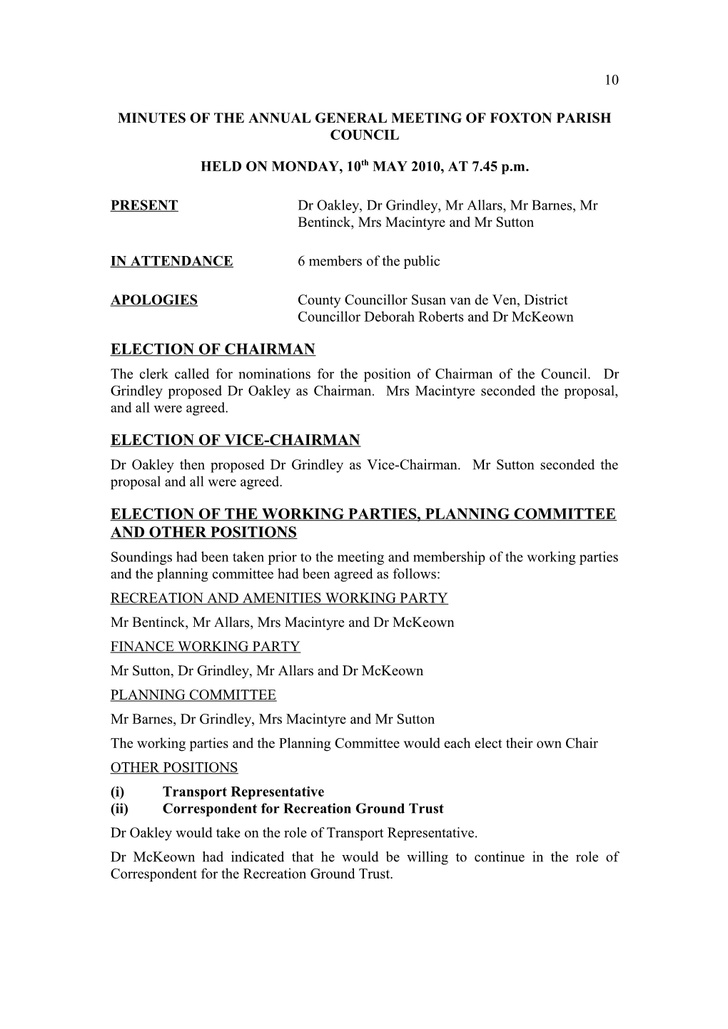 Minutes of the Annual General Meeting of Foxton Parish Council