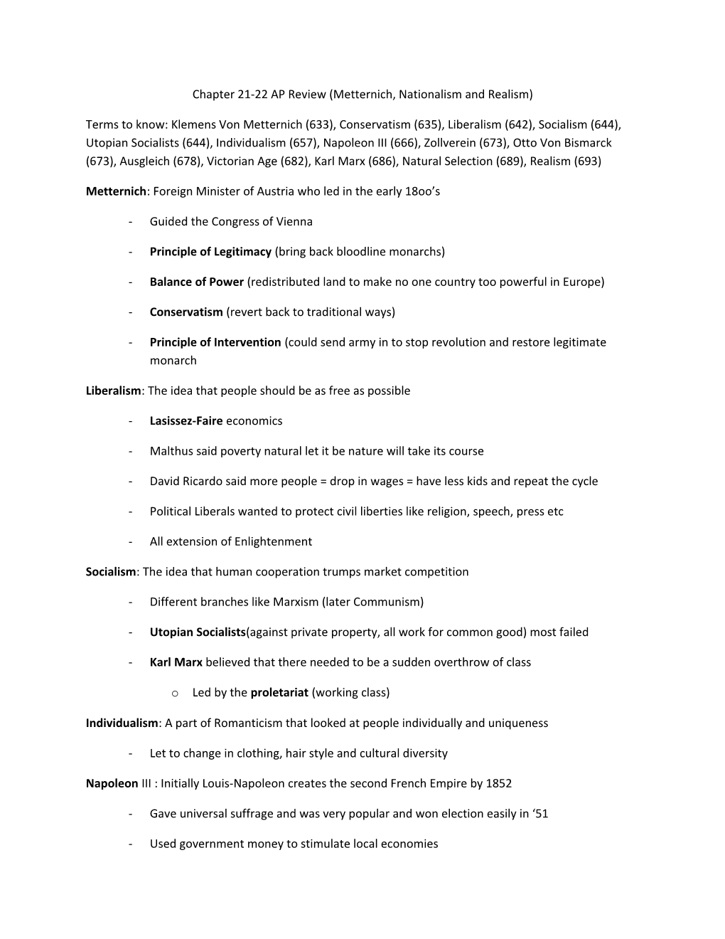 Chapter 21-22 AP Review (Metternich, Nationalism and Realism)