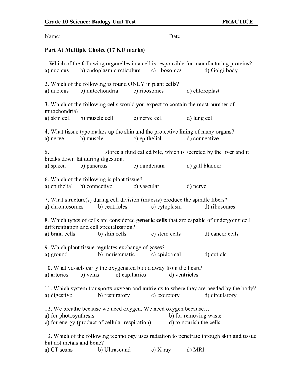 Grade 10 Science: Biology Unit Test