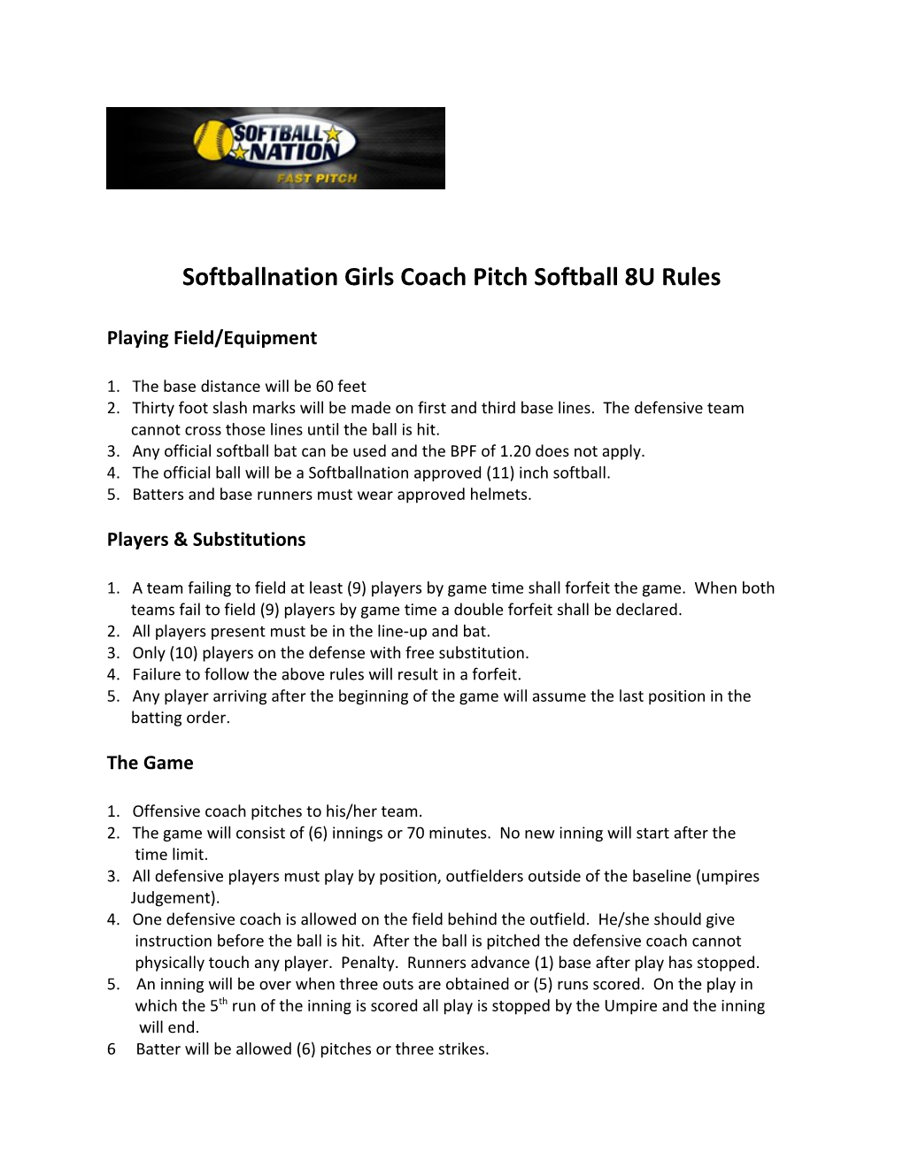 Softballnation Girls Coach Pitch Softball 8U Rules