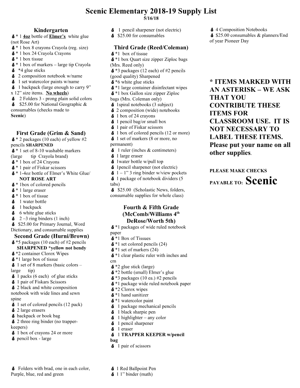 Scenic Elementary 2000-2001 Supply List