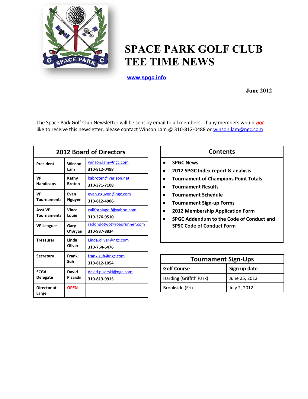 Space Park Golf Club Tee Time News