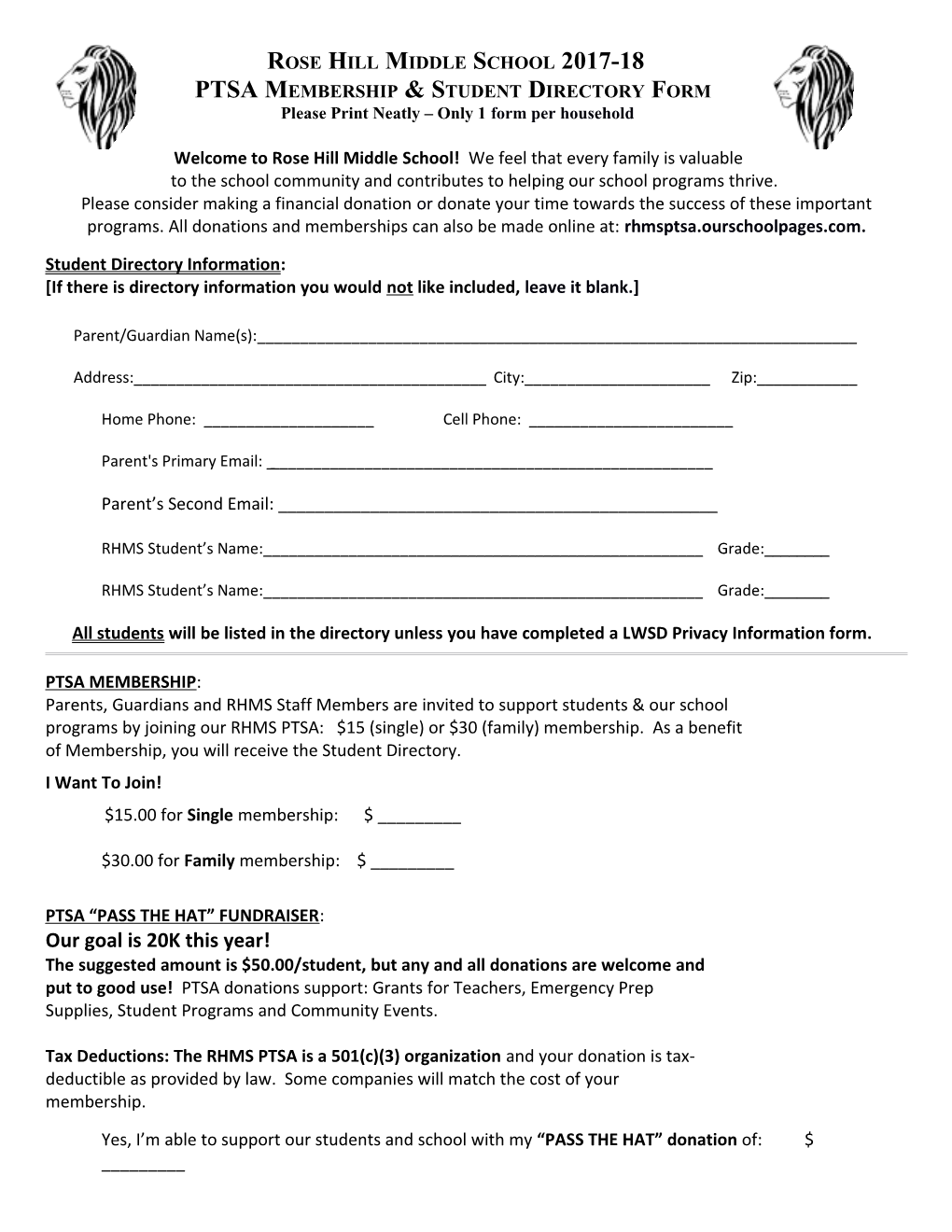 PTSA Membership & Student Directory Form