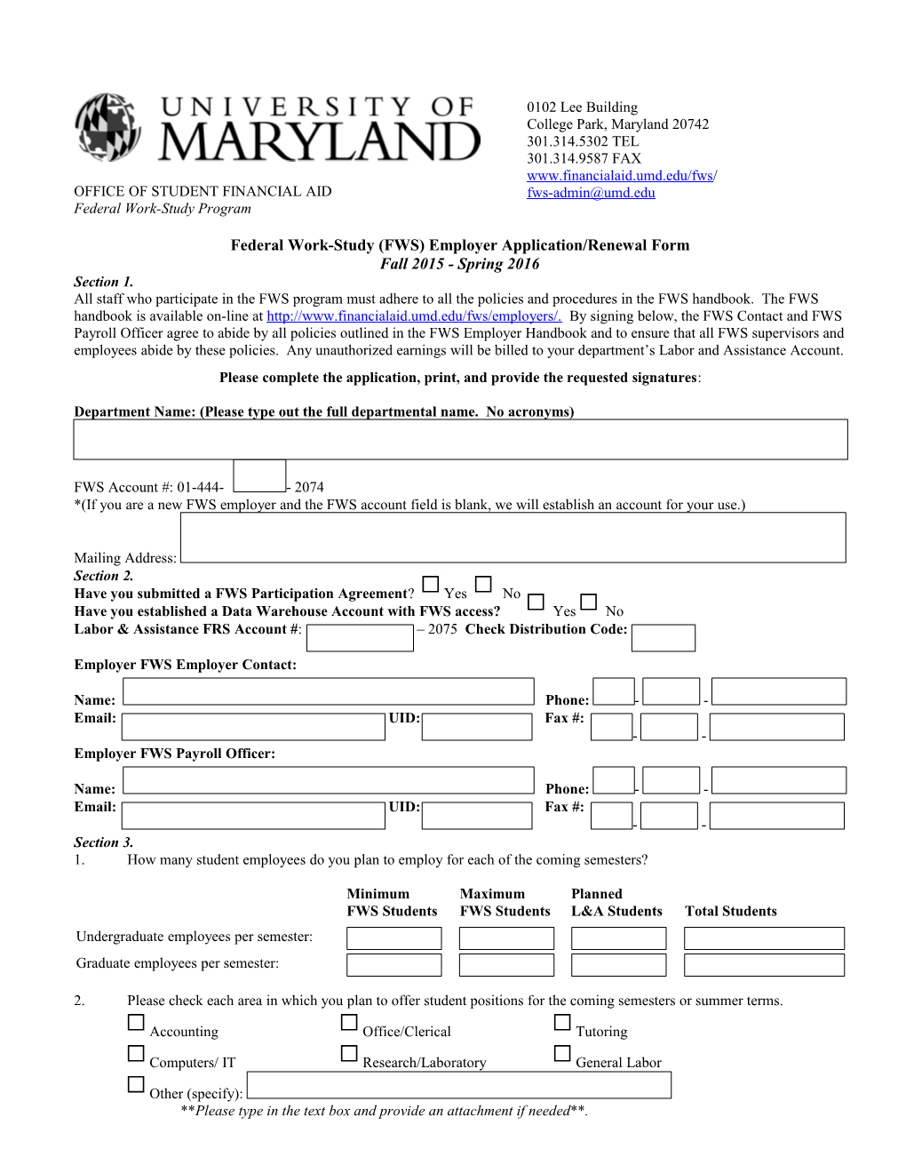Federal Work-Study (FWS) Employer Application/Renewal Form