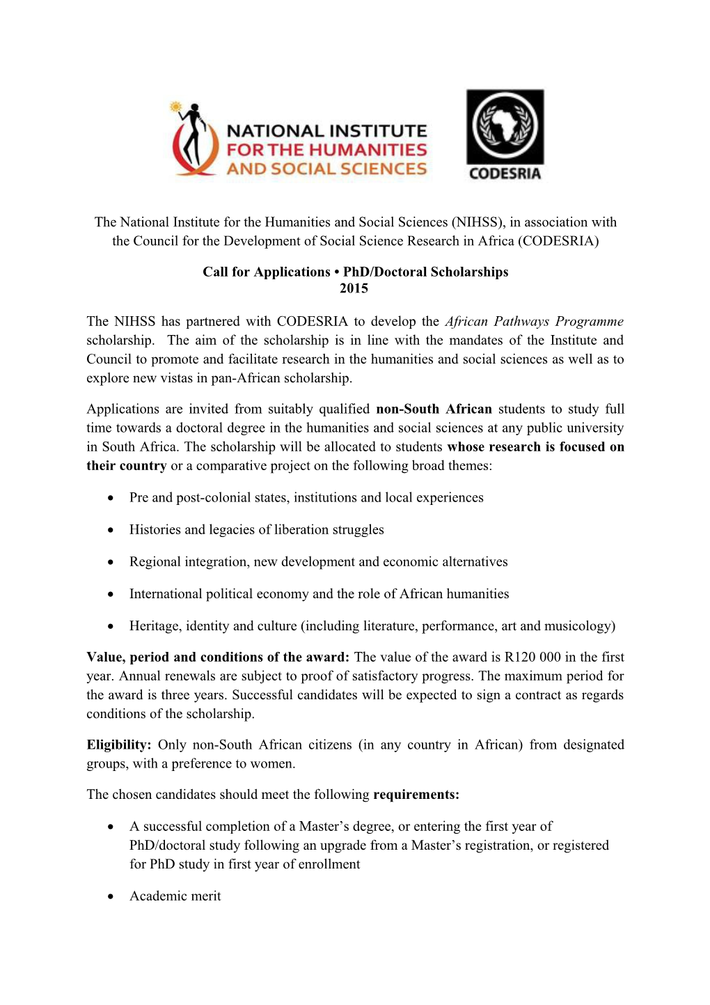 Call for Applications Phd/Doctoral Scholarships