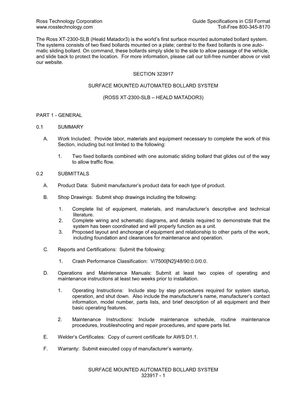 Ross Technology Corporationguide Specifications in CSI Format