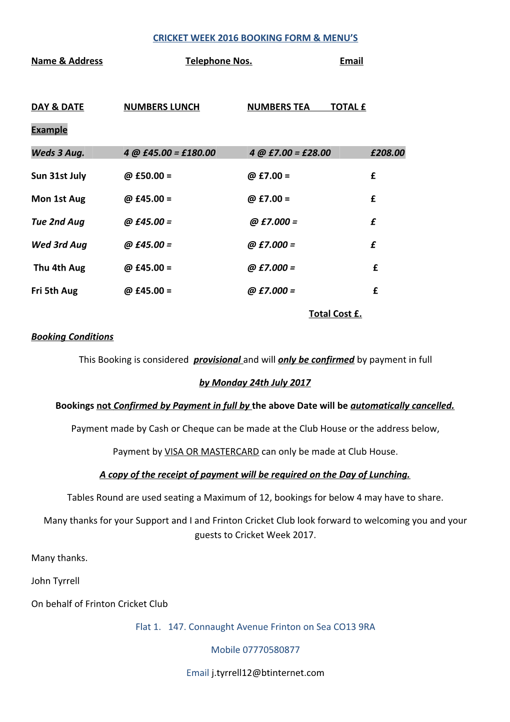 Cricket Week 2016 Booking Form & Menu S