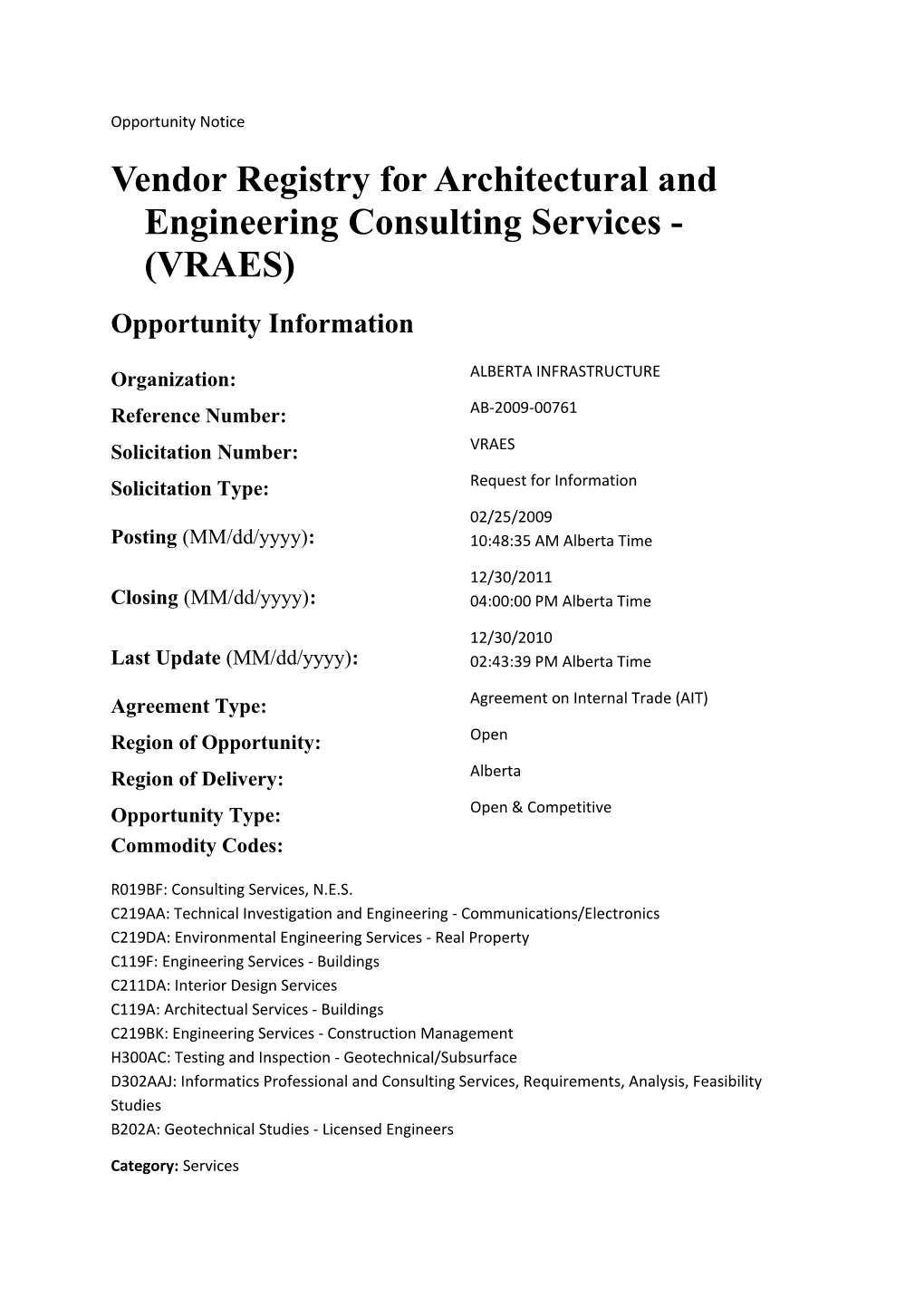 Vendor Registry for Architectural and Engineering Consulting Services - (VRAES)