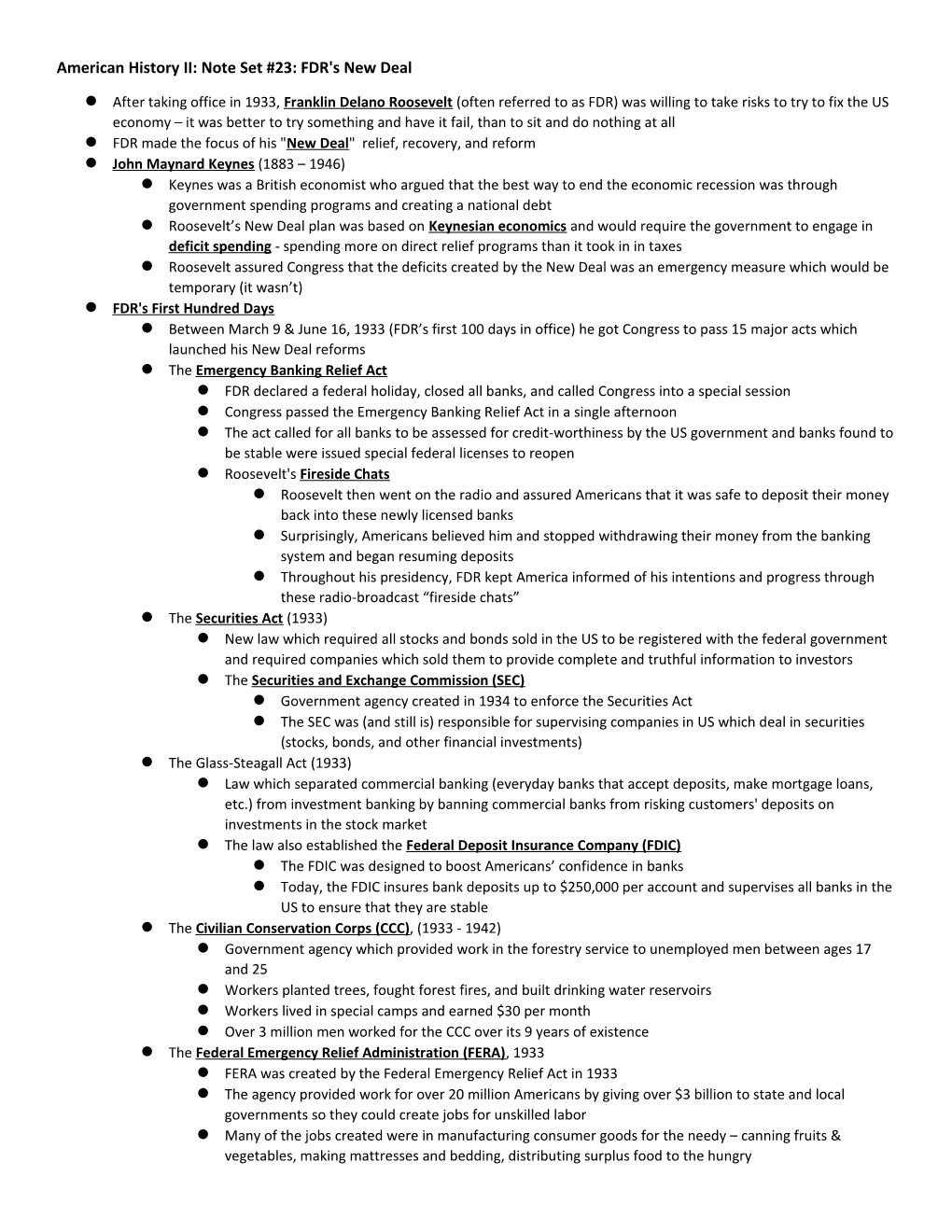 American History II: Note Set #23: FDR's New Deal