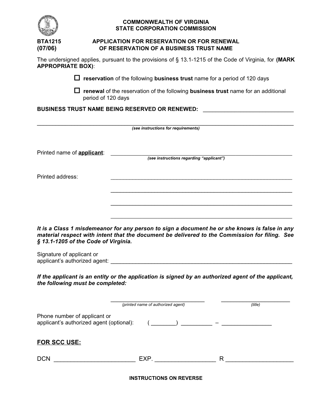 Bta1215application for Reservation Or for Renewal