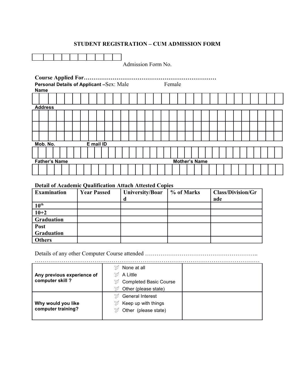 Student Registration Cum Admission Form