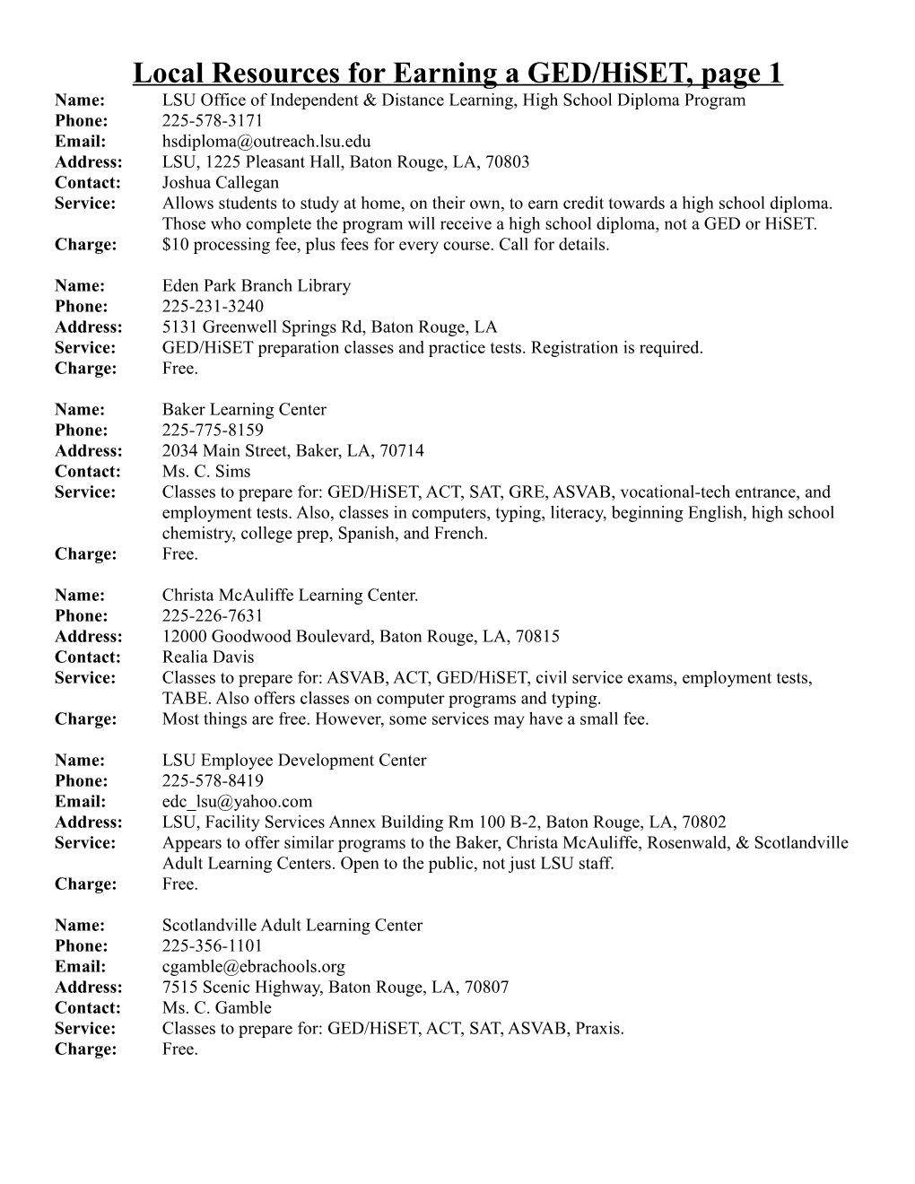 Local Resources for Earning a GED/Hiset, Page 1