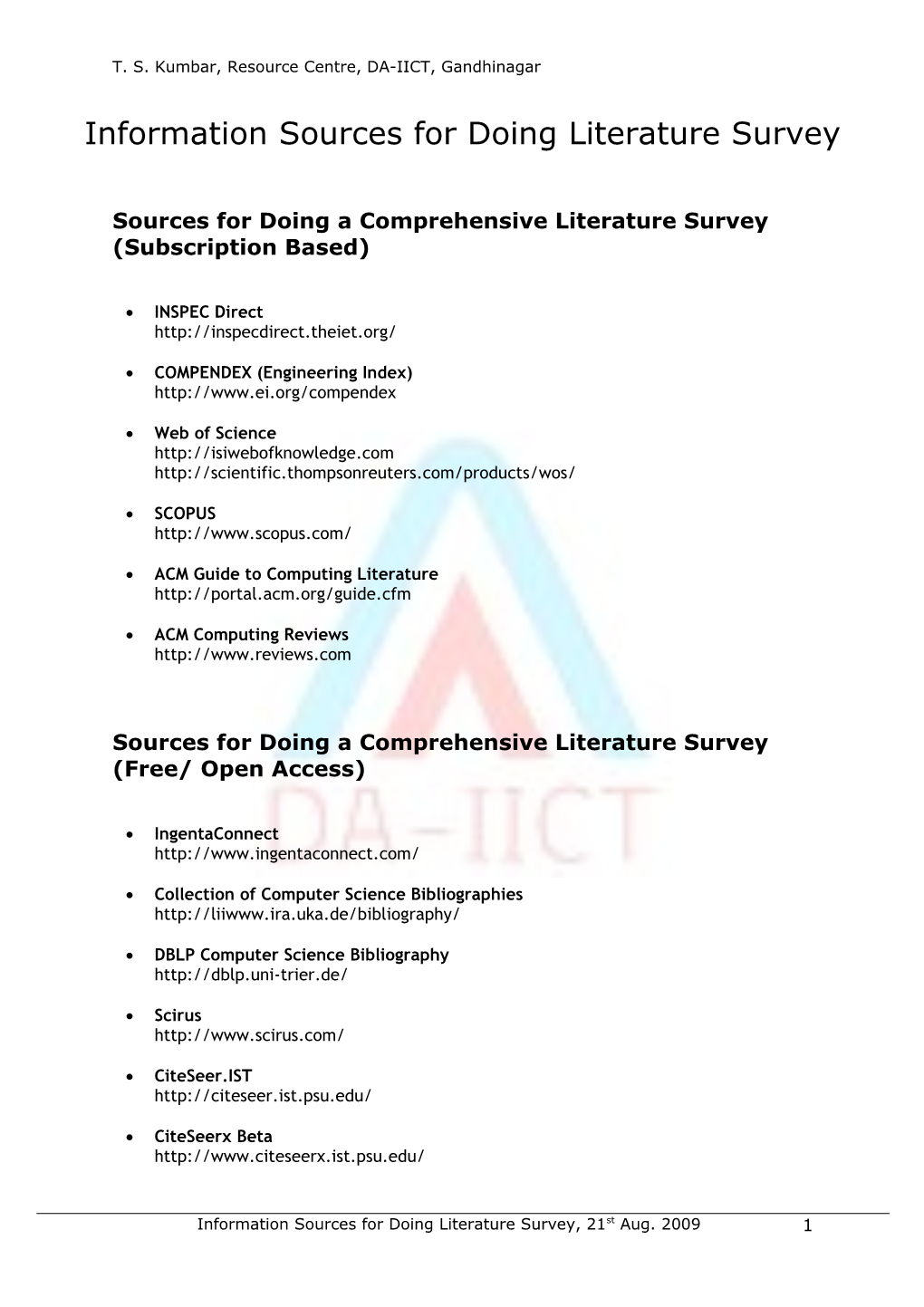 Sources for Doing a Comprehensive Literature Survey (Subscription Based)