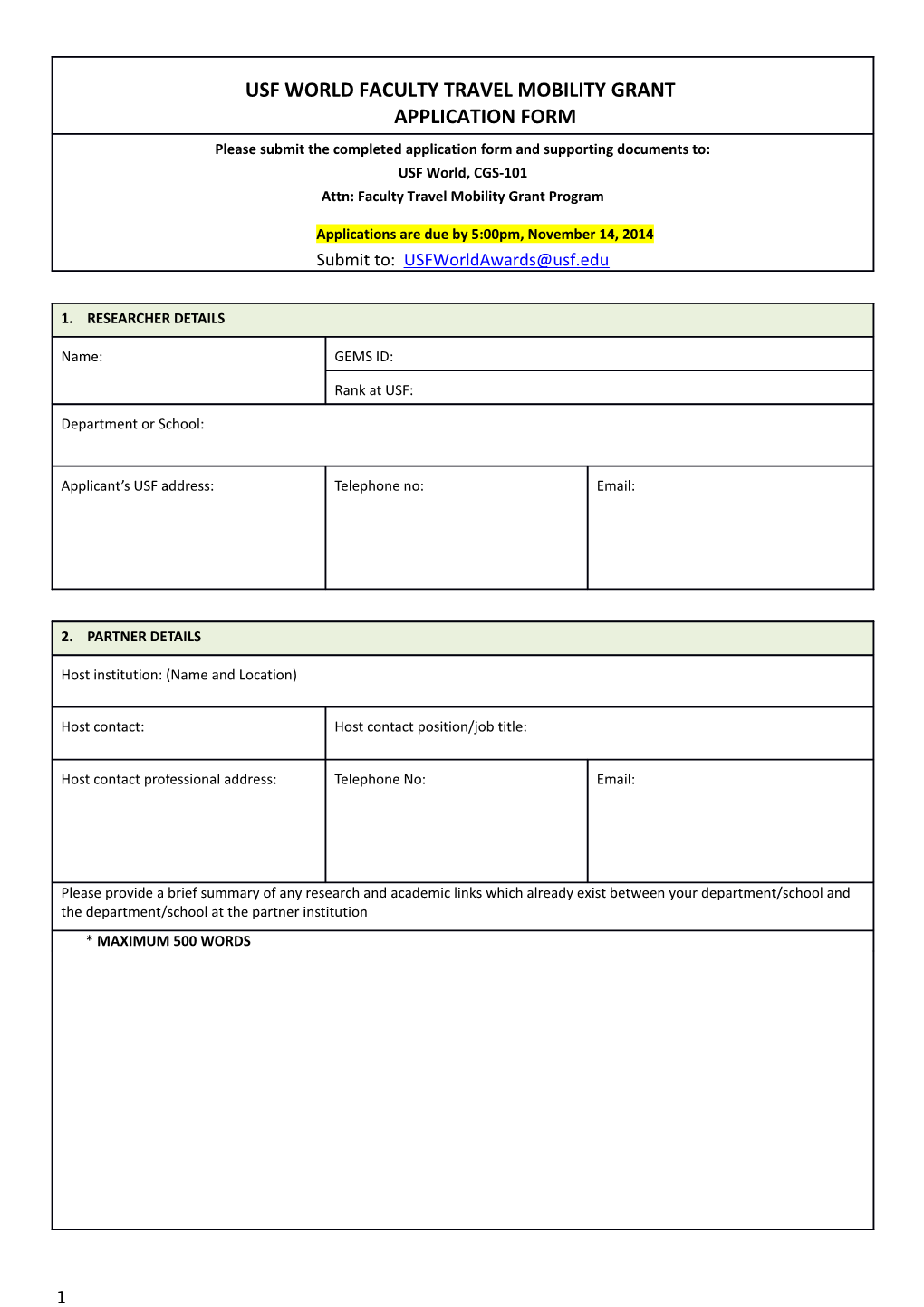Usf Worldfacultytravel Mobility Grantapplication Form