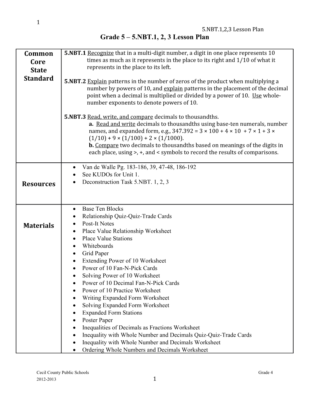 Grade 5 5.NBT.1, 2, 3 Lesson Plan