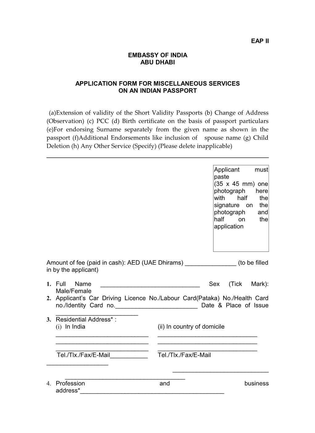 Application Form for Miscellaneous Services