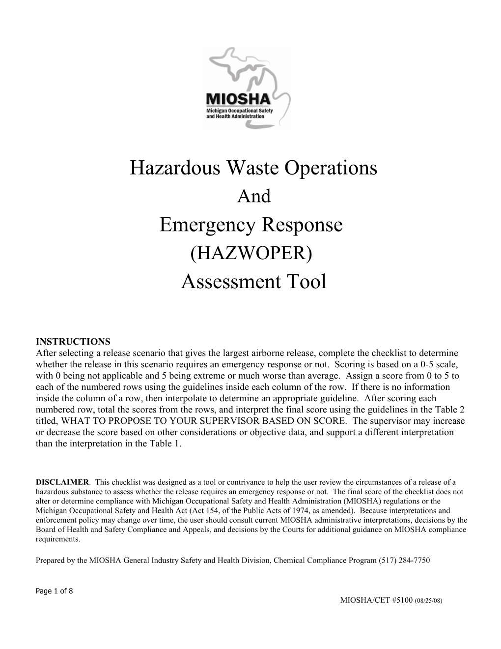 Hazardous Waste Operations & Emergency Response (HAZWOPER) Assessment Tool