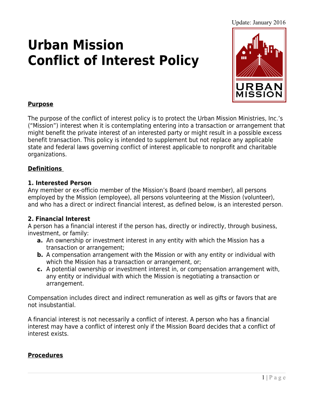 2011 Urban Mission Conflict of Interest Policy