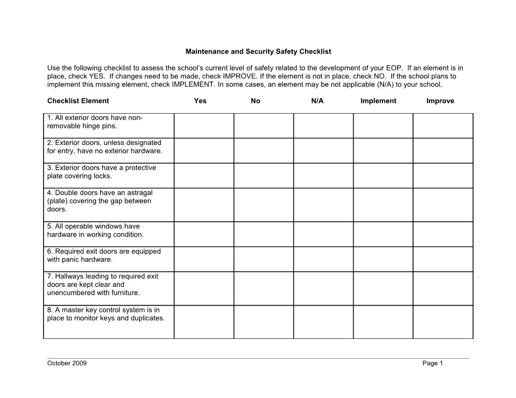 Maintenance and Security Safety Checklist