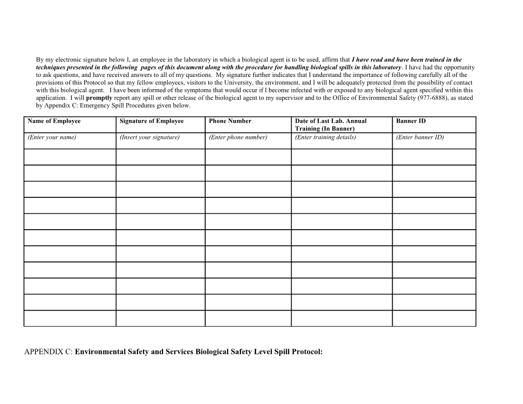 APPENDIX C: Environmental Safety and Services Biological Safety Level Spill Protocol