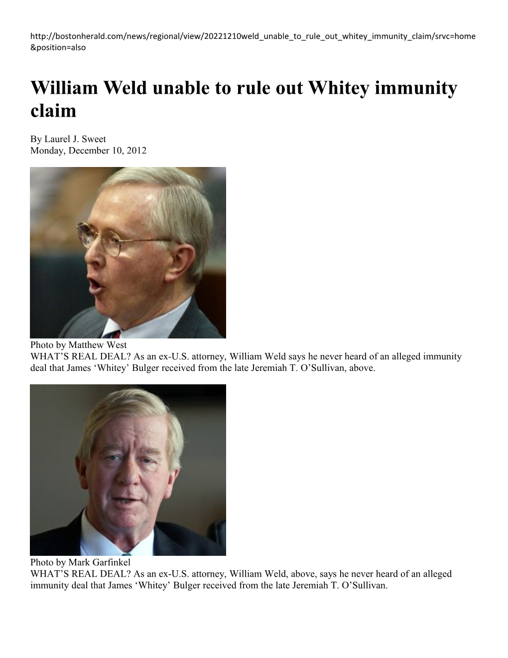 William Weld Unable to Rule out Whitey Immunity Claim