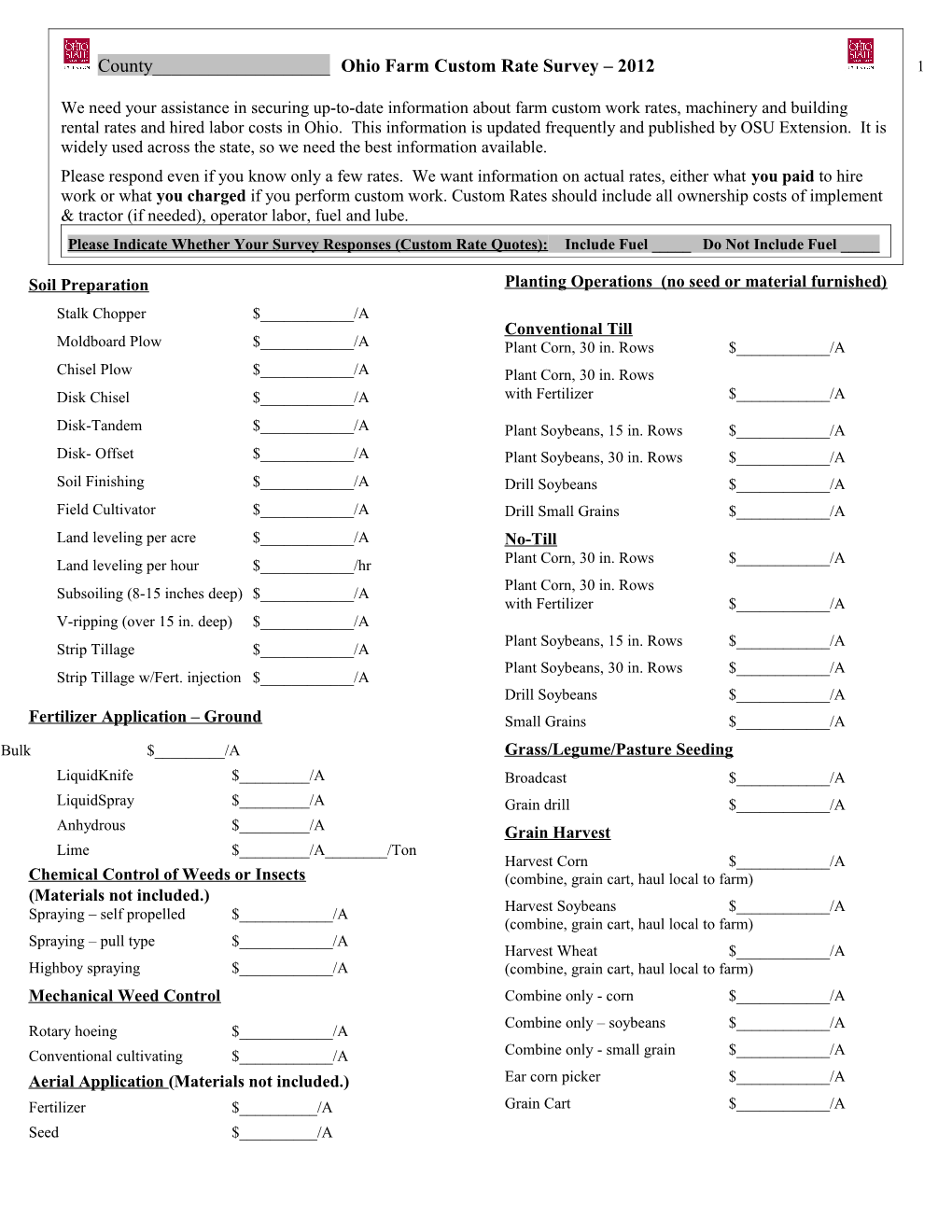 Ohio Farm Custom Rate Survey, 1999