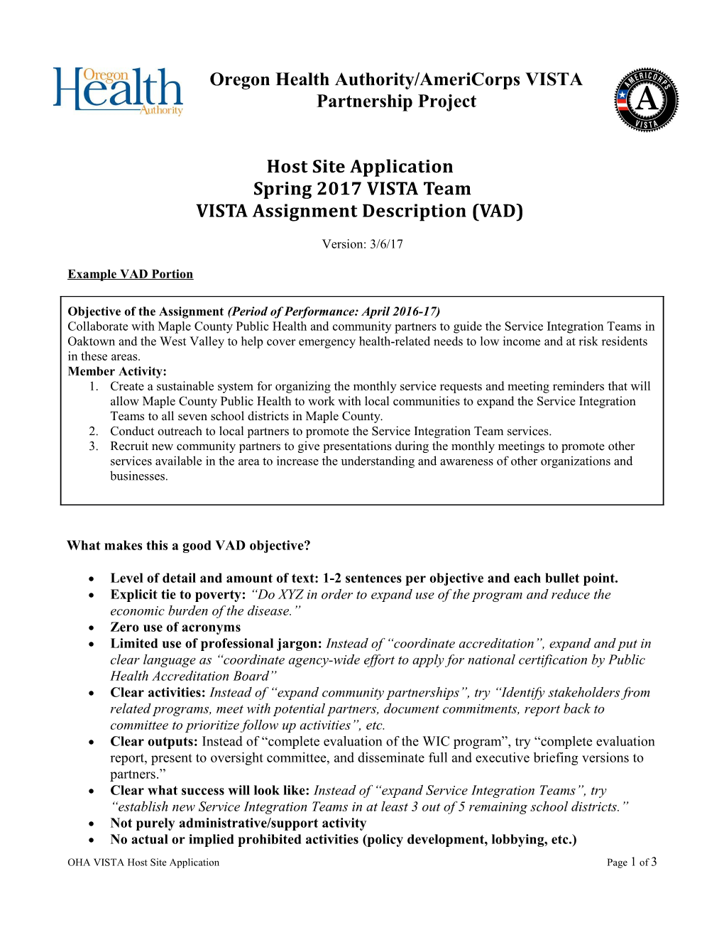 OHA VISTA Project Host Site Application Assignment Description