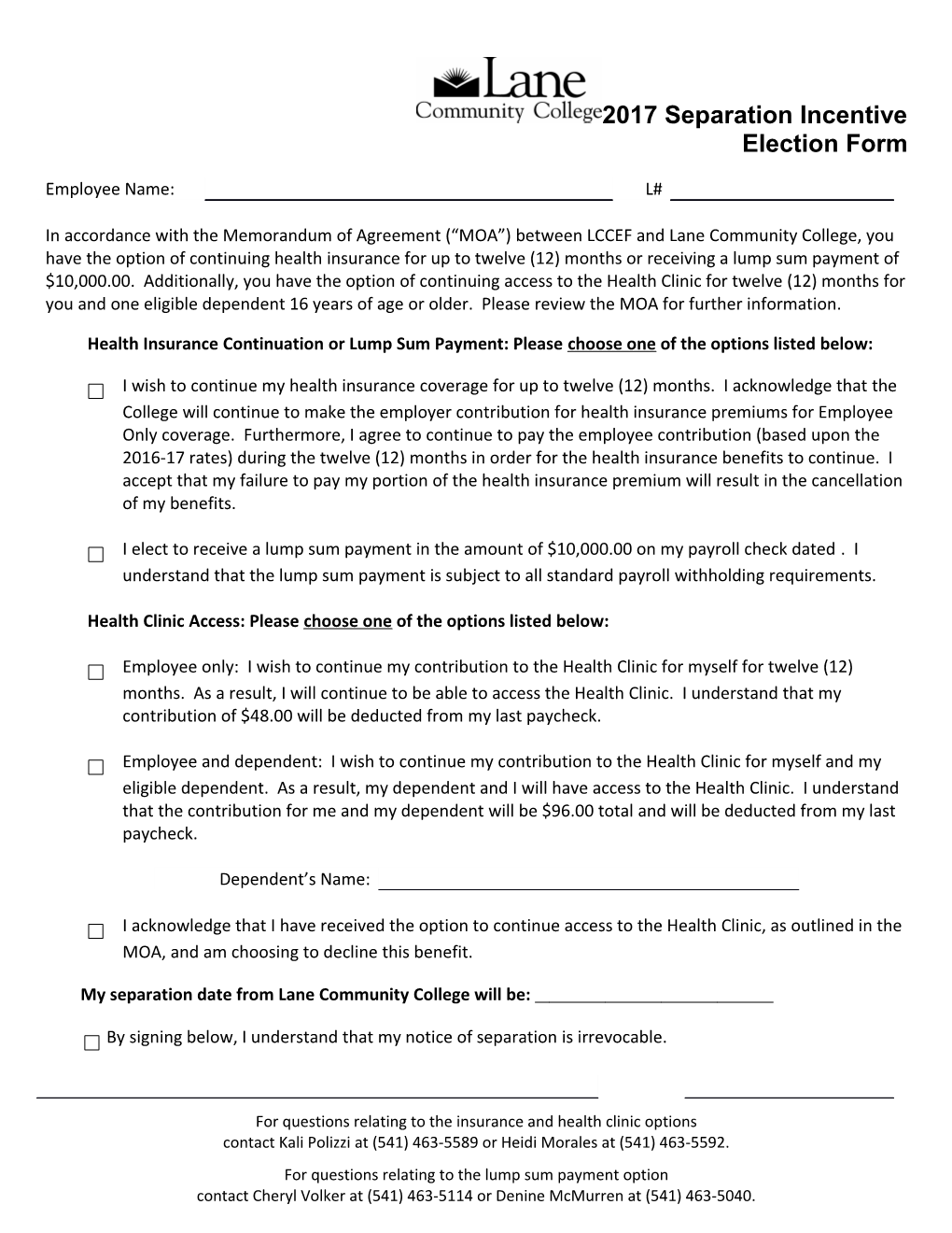 Health Insurance Continuation Or Lump Sum Payment: Please Choose One of the Options Listed